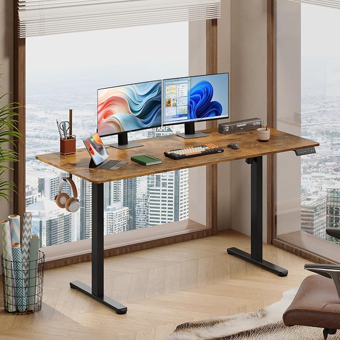 DEVAISE 63 Inch Electric Standing Desk, 3 Adjustable Computer Desk for Home Office, Ergonomic Sit to Stand Desk with LED Touchscreen，Headphone Hook, 3 Memory Preset, with Split Top, Rustic Brown