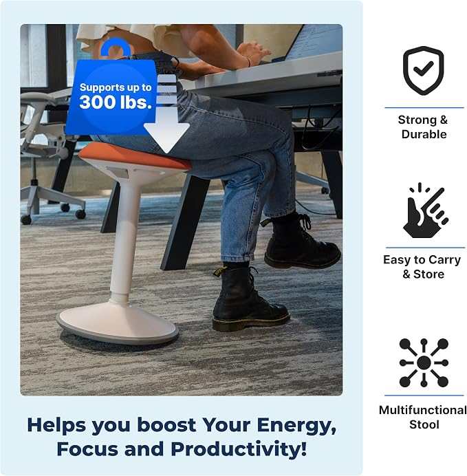 Standing Desk Stool Chair, Height Adjustable Stool 21-31 inch for Office and Classroom, Swivel seat, Anti-Slip Bottom Ergonomic Wobble Stool with Rocking Motion, Orange