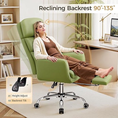 Big and Tall Office Chair 500LBS, Ergonomic High Back Leather Executive Chair, Reclining Swivel with Adjustable Armrests Lumbar Support Footrest, Cross Legged, Green