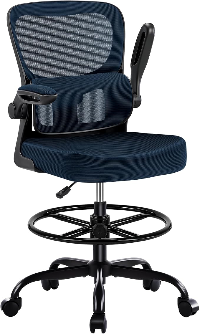 AreShark Drafting Office Chair - Ergonomic Tall Office Chair with Adjustable Footrest Ring - Counter Height Adjustable Rolling Standing Desk Chair with Lumbar Support and Flip-up Armrests for Home