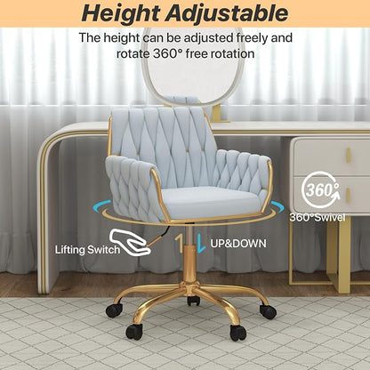 Velvet Modern Home Office Vanity Chair, 360° Swivel Adjustable Height Makeup Desk Chair with Golden Base and Hand Woven Backrest for Bedroom/Study/Vanity (Baby Blue)