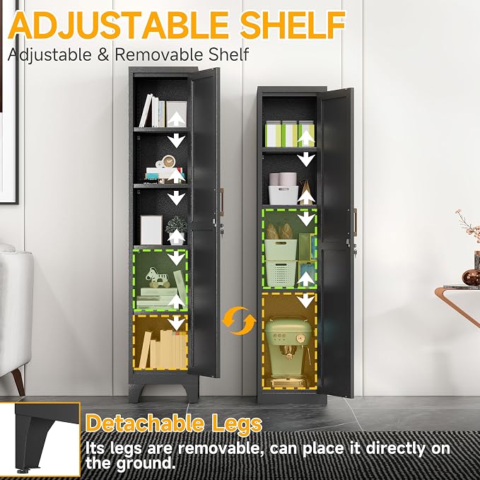 67"H Black Metal Locker with 1 Lockable Door and 4 Adjustable Shelves For Employees, 5 Tier Small Storage Cabinet with Detachable Legs and Vintage Handle for Kitchen,Office,Gym,School,Easy Assembly