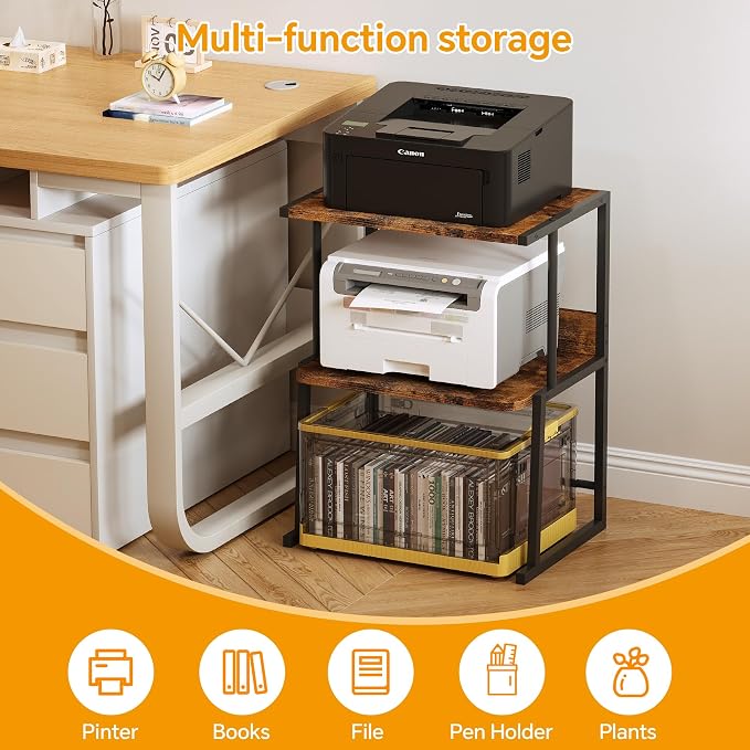 Homeiju 3-Tier Printer Stand for Desk, Desktop Printer Shelf, Heavy Duty Metal Frame Wood Shelf for Home Office Holds Up to 50lbs, Space-Saving Desk Organizer forfor Home Office, Rustic Brown