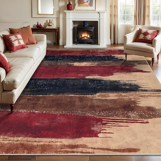 Ciicool Modern Abstract Rug for Living Room, 5'x7' Machine Washable Area Rug Non-Slip Rug, Low-Pile Contemporary Indoor Dining Floor Carpet for Bedroom Office Under Table Home Decor Red Black