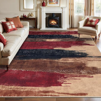 Ciicool Modern Abstract Red Black Rug for Living Room, 6'x9' Machine Washable Area Rug Non-Slip Rug, Low-Pile Contemporary Indoor Dining Floor Carpet for Bedroom Office Under Table Home Decor