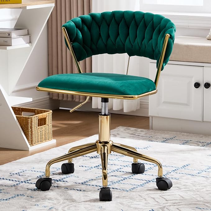 NIOIIKIT Home Office Chair, Velvet Upholstered Task Chair with Woven Open Back, 360° Swivel Desk Chair with Wheels, Adjustable Vanity Chair, Computer Chair for Office, Studio (Emerald)