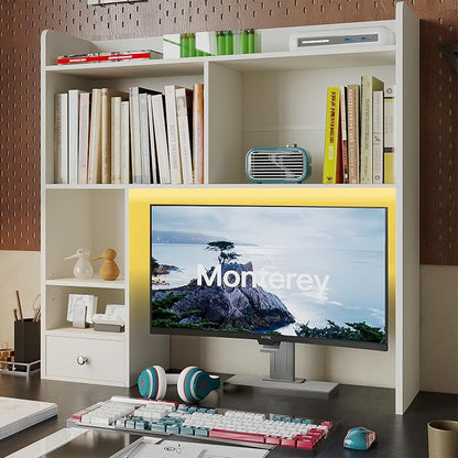 ChooChoo Desktop Bookshelf with Lights, 36.4" Tall Countertop Desk Hutch with 5 Shelves and 1 Drawer for Computer Desk, Desk Shelf Organizer for Dorm Office Home,White