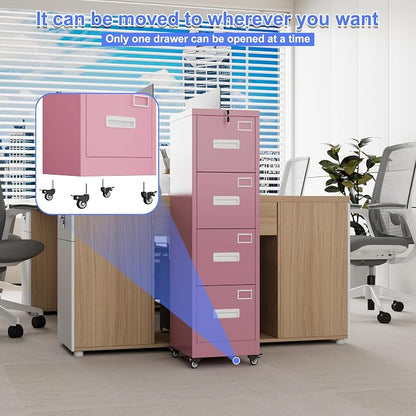 Aobabo 4 Drawer File Cabinet with Lock, Metal Vertical Filing Cabinet with Wheels, Anti-Tilt Interlock System, Locking Office Storage for Letter/Legal Files,Pink,Required Assembly
