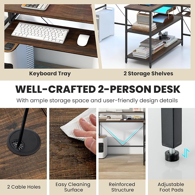 Tangkula 2-Person Reversible Computer Desk with LED Lights, 94.5” Long Office Desk with Power Outlets, Monitor Stand, Keyboard Tray & 2 Storage Shelves, Double Desk for Gaming Working Writing (Walnut)
