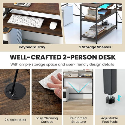 Tangkula 2-Person Reversible Computer Desk with LED Lights, 94.5” Long Office Desk with Power Outlets, Monitor Stand, Keyboard Tray & 2 Storage Shelves, Double Desk for Gaming Working Writing (Walnut)