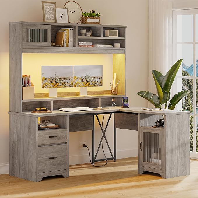 Bestier Farmhouse 63" L Shaped Desk with Hutch, Wood Computer Desk with Drawers, Charging Station, LED Light, Fluted Sliding Door Cabinet, Monitor Stand, Executive Desk for Home Office, Grey