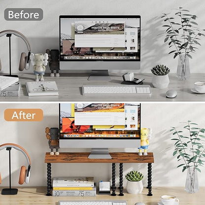 YINMIT Desk Shelf Organizer, 2 Tier Adjustable Desk Shelf for Top of Desk, Wood Freestanding Stackable Desktop Bookshelf Organizer for Office, Home, Kitchen Counter Display Rack, Rustic Brown