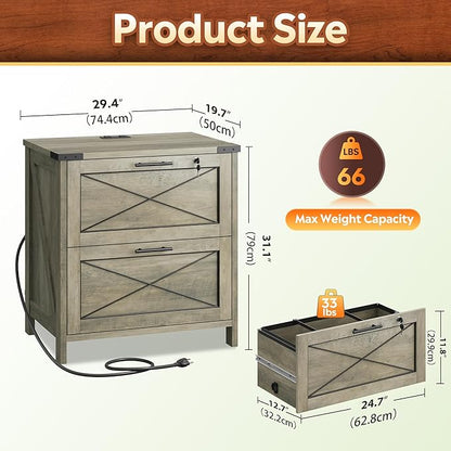 DEVAISE Lateral File Cabinet with Lock, 2 Drawers & Charging Station, Farmhouse Wood Printer Stand with Large Storage, Fits A4/Letter/Legal Hanging Files, Gray Oak