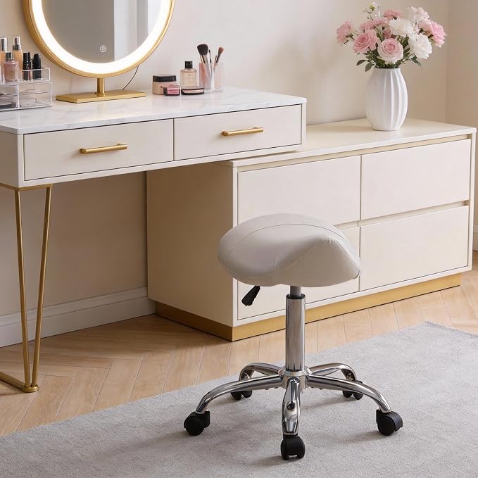 FIRAVOE Saddle Stool, Swivel Saddle Stool with Wheels, Adjustable Rolling Stool 18"-26", Faux Leather Rolling Stool for Salon, Massage, Clinic, Lab, Office, White, 1PCS
