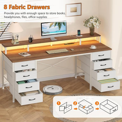 YOMILUVE 60 Inch Computer Desk with 8 Fabric Drawers, Gaming Desk with LED Lights & Power Outlets, Home Office Desk with Monitor Stand, Brown and White