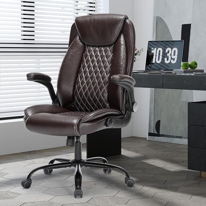Heavy-Duty Executive Office Chair with Ergonomic Design, 300LBS PU Leather Chair with Adjustable Lumbar Support, 360° Swivel, Reclining Backrest, and Flip-Up Armrests for Big and Tall People(Brown)