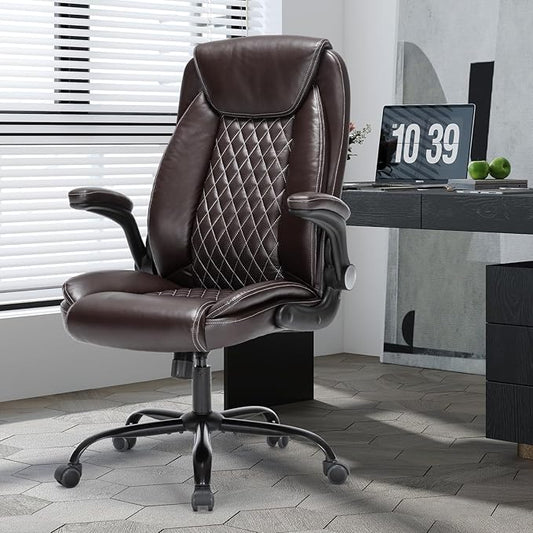 Heavy-Duty Executive Office Chair with Ergonomic Design, 300LBS PU Leather Chair with Adjustable Lumbar Support, 360° Swivel, Reclining Backrest, and Flip-Up Armrests for Big and Tall People(Brown)