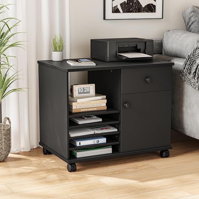 Quikraen Wooden Rolling File Cabinet Black | Mobile Lateral Office Filing Cabinets with Doors Under Desk Cabinet for Office Supplies