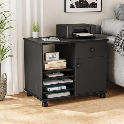 Quikraen Wooden Rolling File Cabinet Black | Mobile Lateral Office Filing Cabinets with Doors Under Desk Cabinet for Office Supplies