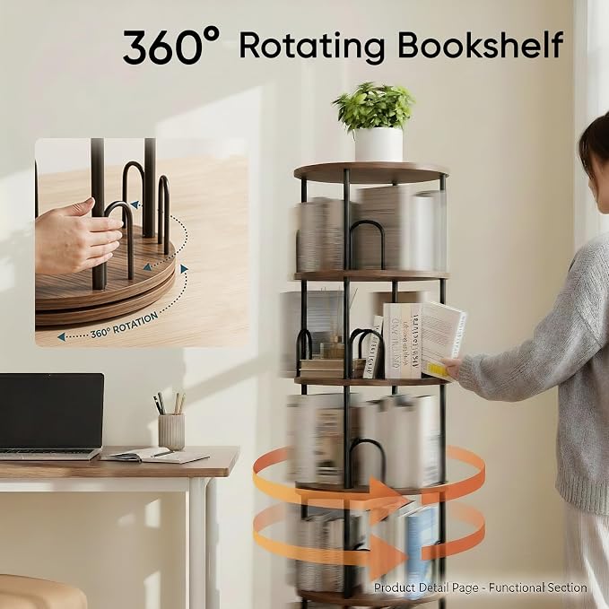 4 Tier Rotating Bookshelf Tower for Kids, Small Narrow Corner Book Shelf for Childrens, Toddler, Nursery Bookcase for Toy, Lego Dispaly Shelf for Bedroom Living Room Office Kitchen Shelf Tower