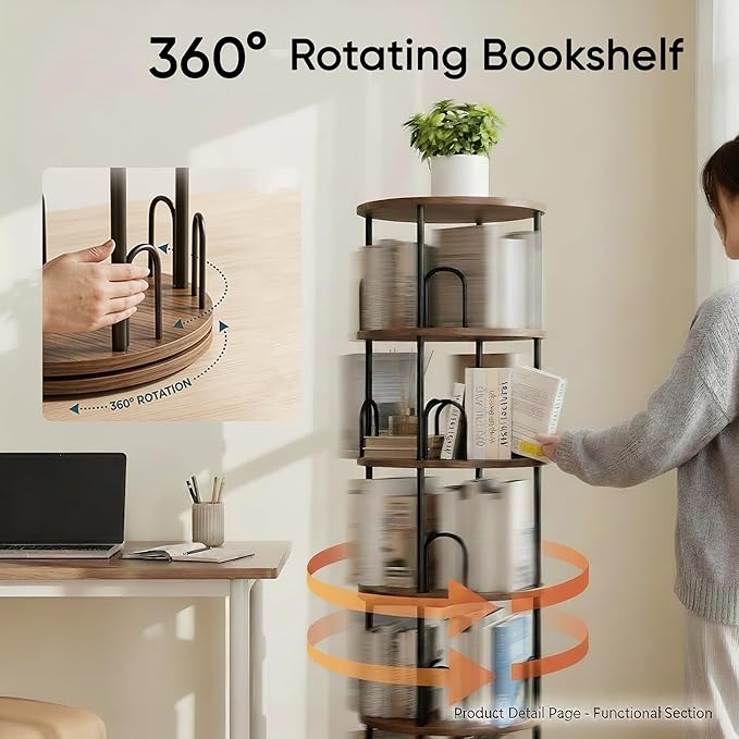 5 Tier Rotating Bookshelf, Corner Wooden, Metal Skinny Bookshelf for Toy Lego Dispaly Book Shelf Room Storage Organizer Furniture Black Tall Bookcase for Bedroom Living Room Office Kitchen Shelf