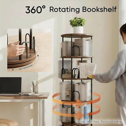 5 Tier Rotating Bookshelf, Corner Wooden, Metal Skinny Bookshelf for Toy Lego Dispaly Book Shelf Room Storage Organizer Furniture Black Tall Bookcase for Bedroom Living Room Office Kitchen Shelf