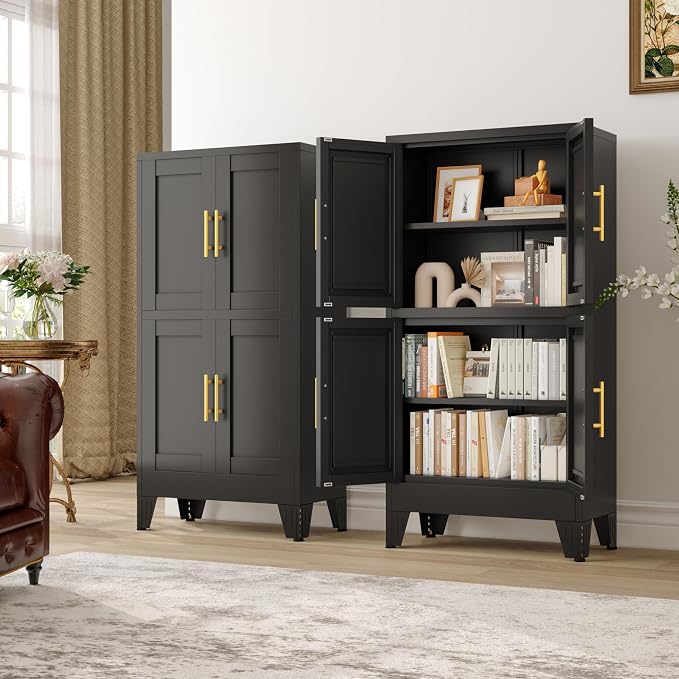 pozdeg Metal Storage Cabinet, 47.2" H Pantry Kitchen Storage Cabinets with 4 Doors and 2 Adjustable Shelves, Versatile Buffet Sideboards Cupboard for Home Office Garage or Gym (Black)