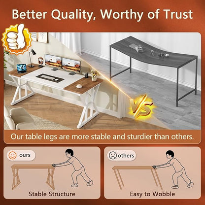 TVU Computer Desk, 55 inch Large Office Desk, Study Writing Table with Thicken Frame, Gaming Desk, Modern Simple Desk for Home Office, Brown/White
