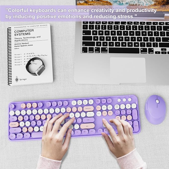 SkyGive Wireless Keyboard and Mouse Combo, Ergonomic Full Size Typewriter Retro Round Keycaps Keyboard, Compatible with Windows, PC, Perfer for Home and Office Keyboards (Purple
