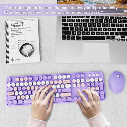 SkyGive Wireless Keyboard and Mouse Combo, Ergonomic Full Size Typewriter Retro Round Keycaps Keyboard, Compatible with Windows, PC, Perfer for Home and Office Keyboards (Purple