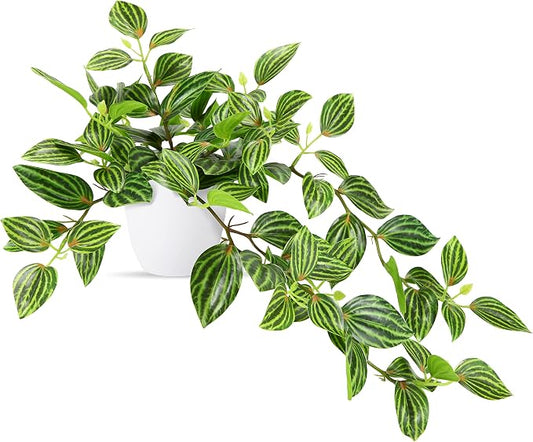 SOGUYI Fake Plants, Artificial Plants 15 Inch Faux Peperomia Watermelon Plants for Indoor Outdoor Decor,Realistic Artificial Hanging Plants in Pot for Home Office Perfect Housewarming Gift