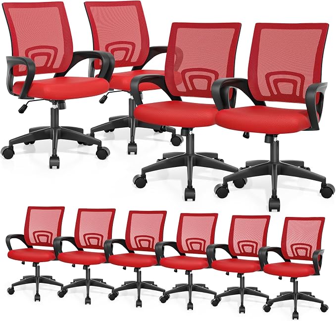Magshion Ergonomic Office Chair 10 Pack, Mid-Back Mesh Desk Chair, Adjustable Swivel Computer Chair with Lumbar Support & Breathable Backrest for Gaming, Work, Study, 300 Lbs Capacity, Red