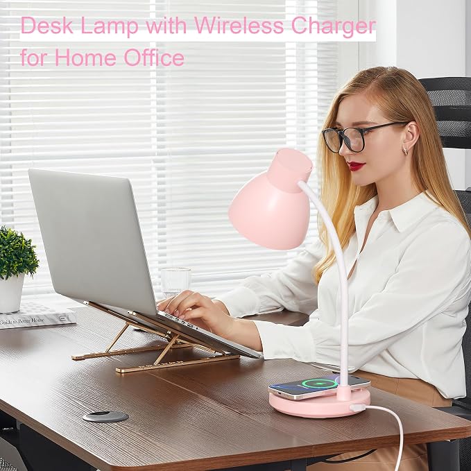 Desk Lamps for Home Office - LED Desk Lamp with Wireless Charger, 3 Color Modes Dimmable Eye-Caring Study Reading Desk Light, Small Flexible Arm Table Lamp for College Dorm Room Bedside, Pink