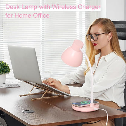 Desk Lamps for Home Office - LED Desk Lamp with Wireless Charger, 3 Color Modes Dimmable Eye-Caring Study Reading Desk Light, Small Flexible Arm Table Lamp for College Dorm Room Bedside, Pink