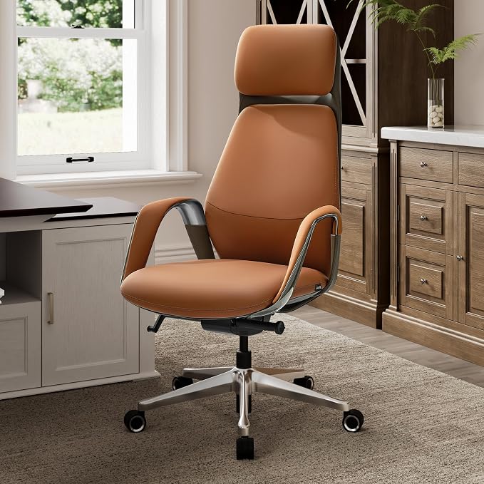 EUREKA ERGONOMIC Serene Executive Office Chair, Premium Nappa Leather High Back Boss Chair with Aluminum Base, Ergonomic Chair with Lumbar Support & Recline, Heavy Duty for Long-Hour Comfort, Brown