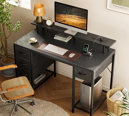 Huuger 47 inch Computer Desk with 4 Drawers, Gaming Desk with LED Lights & Power Outlets, Home Office Desk with Large Storage Space for Bedroom, Work from Home, Carbon Fibre Black