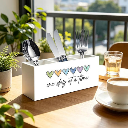 One Day At a Time Inspirational Mental Health Recovery Pen Pencil Holder Organizer for Home Therapy Office Desk Accessories, Motivational Self Love Wood Signs Makeup Brush Toothbrush Holder