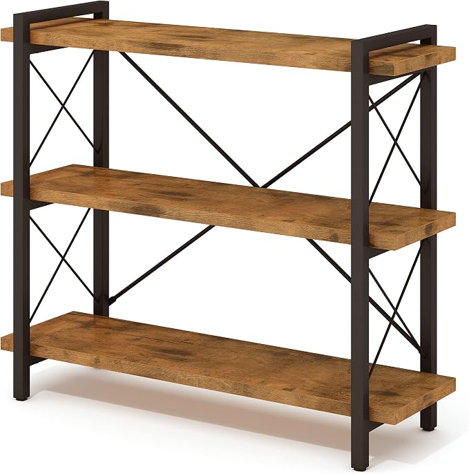 HCHQHS 3-Tier Industrial Bookshelf, 35" W x 12" D x 35" H | 1.2" Shelf Thickness, 14.17" Shelf Height, Wood and Metal, Horizontal, Rustic Brown, for Office Living Room Bedroom