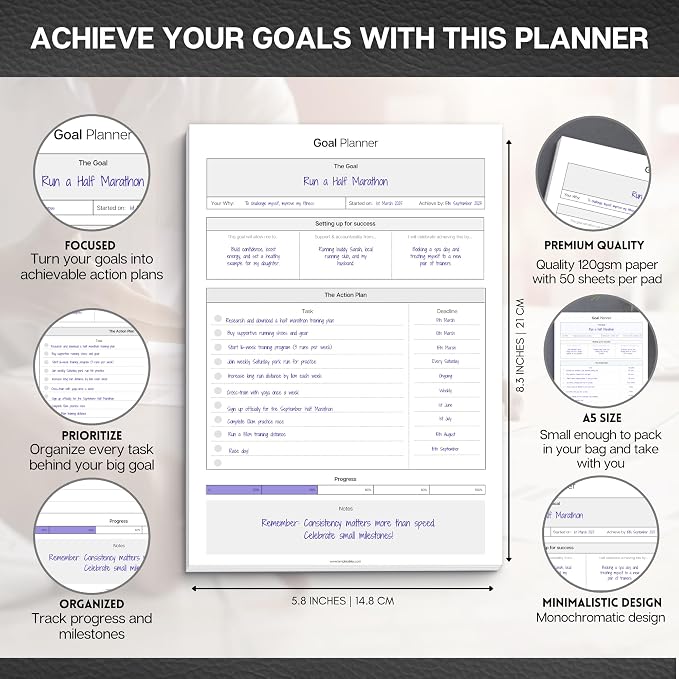 Goal Planner Deskpad | Goal Setting Notepad with Action Plan, Progress Tracker, Deadlines & Notes, 50 Sheets, 120gsm Paper, Undated Productivity Planner for Work, Study, Business & Personal Goals | A5