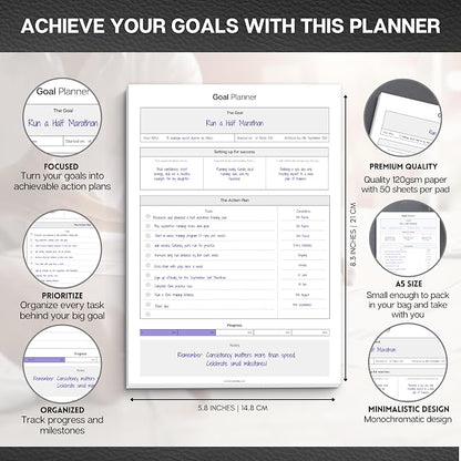 Goal Planner Deskpad | Goal Setting Notepad with Action Plan, Progress Tracker, Deadlines & Notes, 50 Sheets, 120gsm Paper, Undated Productivity Planner for Work, Study, Business & Personal Goals | A5
