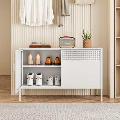 Chshin Metal Storage Cabinet with Doors,White Accent Cabinet,Metal Locker Storage Cabinets,2 Door TV Media Stand with Removable Shelves for,Home,Office,Entryway,Living Room