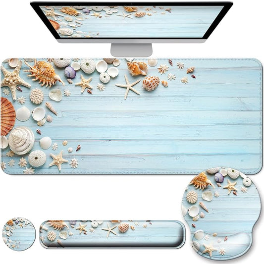 Desk Mat Set + Keyboard and Mouse Pad with Wrist Rest Support,4-in-1 Large Mousepad Computer Mats for Desktop Home & Office-Blue Shells