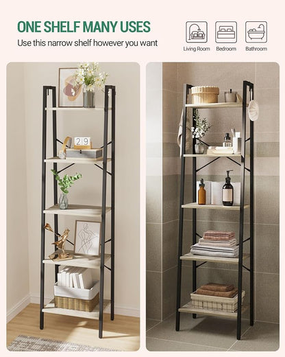 Hzuaneri Ladder Shelf, Bookshelf Bookcase, Freestanding Corner Storage Shelve with 2 Hooks for Home Office, Living Room, Kitchen, Bedroom, Industrial, 11.8" D x 17.3" W x 63" H, Greige BC19205B