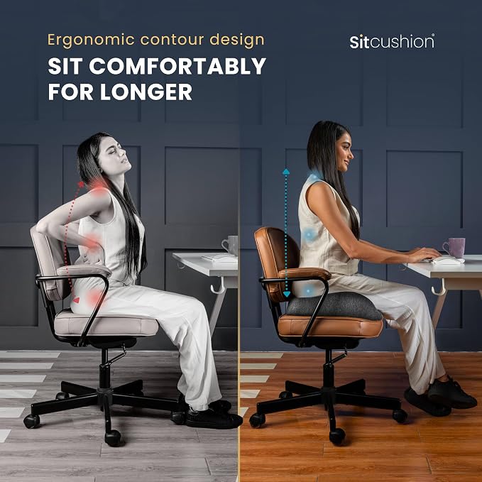 SitCushion X Large Office Chair Cushion for Sciatica Pain Relief, Memory Foam Seat Cushion for Car Seat Pad, Orthopedic Pillow. Computer Chair Cushion for Tailbone Pain Relief All Day Comfort (Gray)