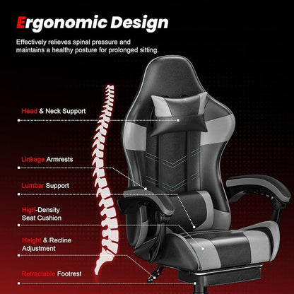 Gaming Chair with Footrest, Ergonomic Video Game Chair with Headrest and Lumbar Support, 400 lbs Adult Chair, Height Adjustable 360° Swivel High Back Reclining Computer Chair for Home Office (Grey)