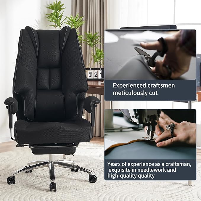 Big and Tall Office Chair 400lbs Wide Seat, Leather High Back Executive Office Chair with Foot Rest, Ergonomic Chairs Lumbar Support for Lower Back Pain Relief (Mesh Black)