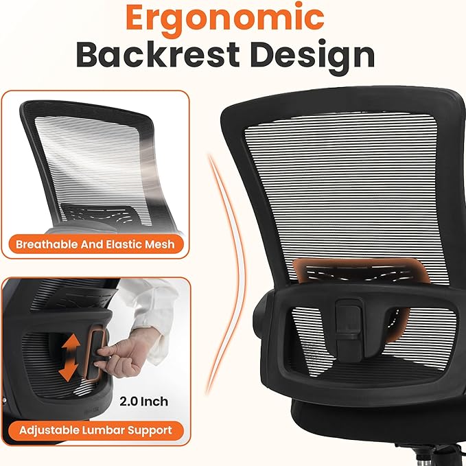 NEO CHAIR Office Desk Gaming Chair Computer High Back Mesh Seat with Rolling Wheels Ergonomic Adjustable Comfy Flip-up Armrests Lumbar Support Height for Home (Black)