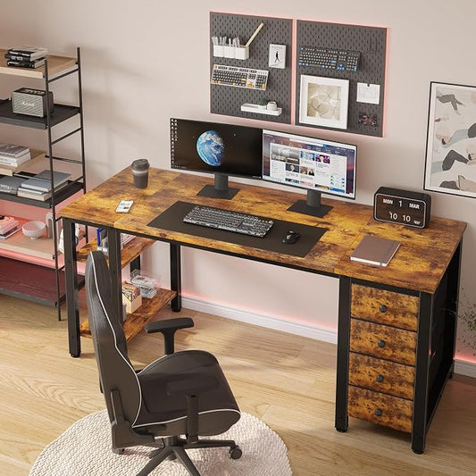 Lufeiya 55 inch Computer Desk with 4 Fabric Drawers & Storage Shelves, Writing Work Study Desk for Home Office Bedroom, Modern Simple Student PC Desks Table, Rustic Brown
