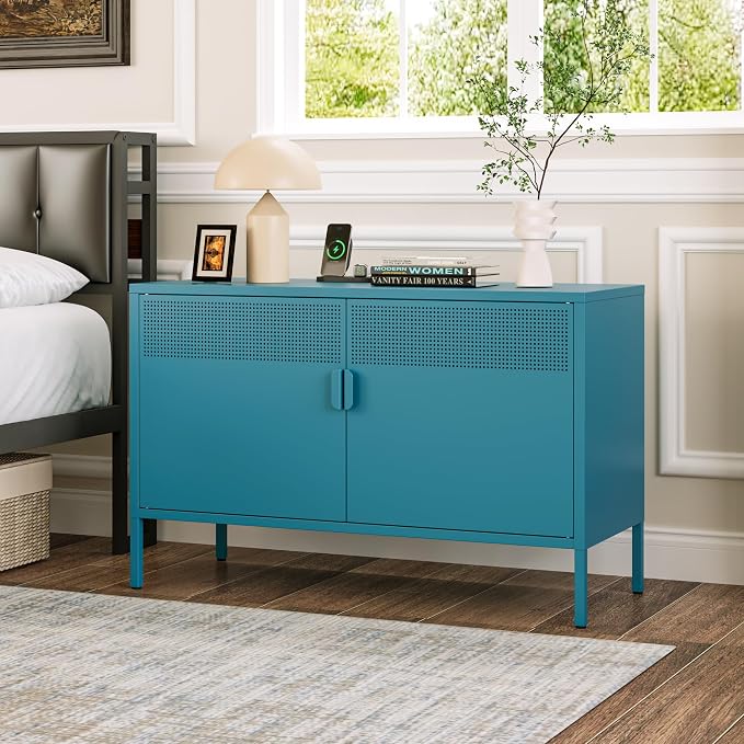 Chshin Metal Storage Cabinet with Doors,Blue Accent Cabinet,Metal Locker Storage Cabinets,2 Door TV Media Stand with Removable Shelves for,Home,Office,Entryway,Living Room