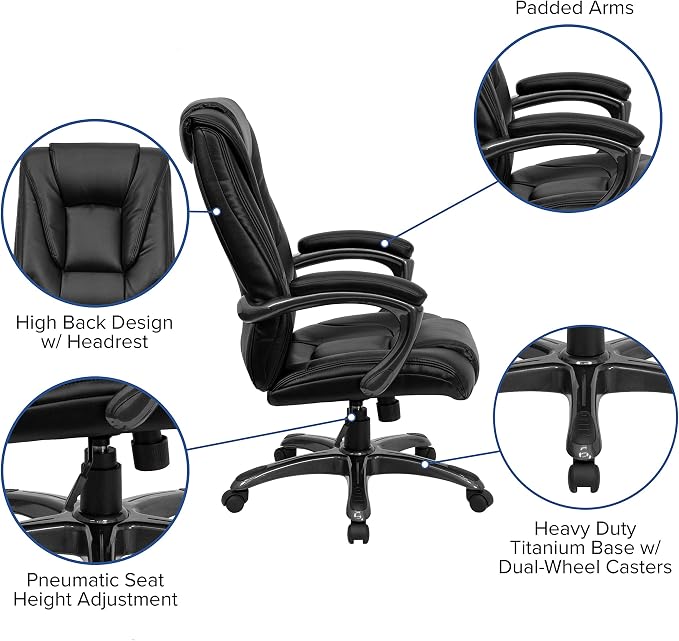 EMMA + OLIVER High Back Black LeatherSoft Layered Upholstered Executive Swivel Ergonomic Office Chair with Smoke Metal Base and Arms